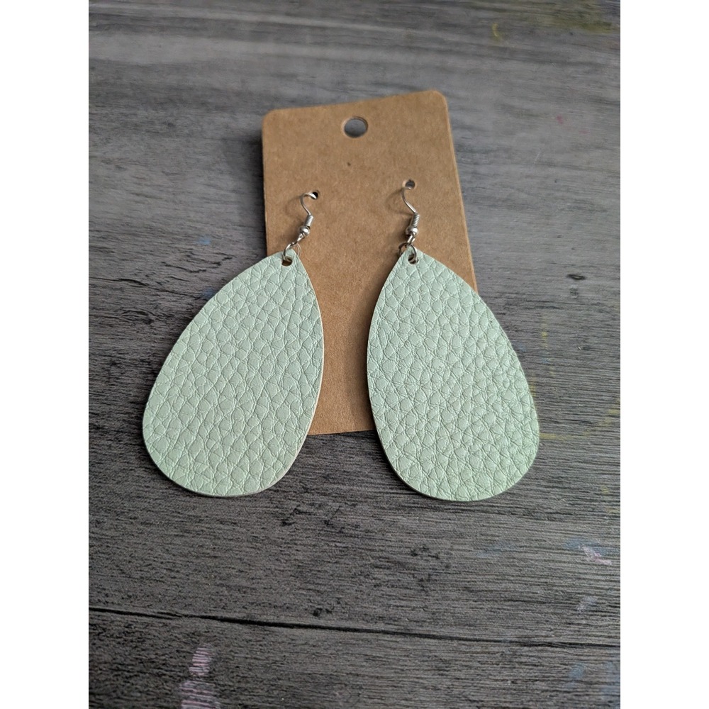 Mint Green Faux Leather Teardrop Dangle Earrings Textured Vegan Leather Pastel